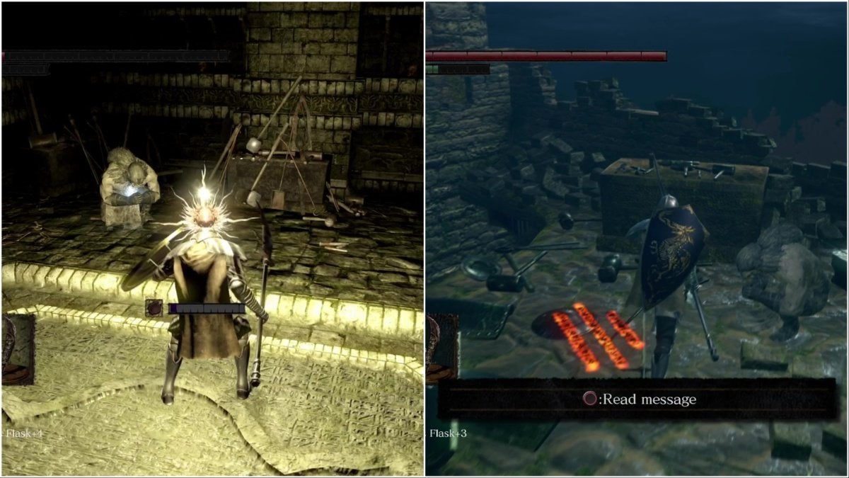 Two stone blacksmiths from Dark Souls in different areas.