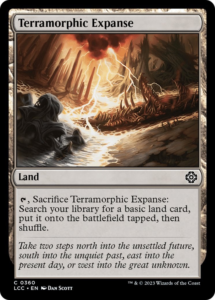 A Fetch Land from MTG depicting a chaotic landscape full of jagged spires and bones illuminated by bolts of lightning.