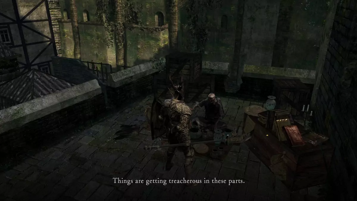 The Chosen Undead speaking to the Undead Merchant in Undead Burg.