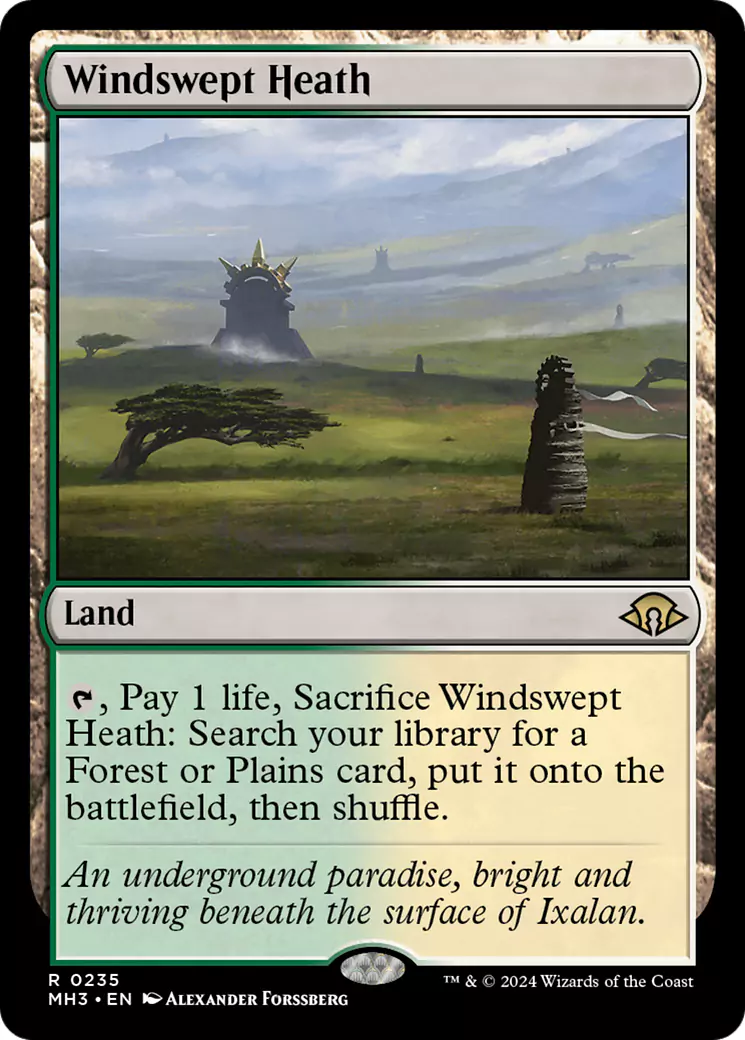 A green and white Fetch Land showing a lush field in its artwork.