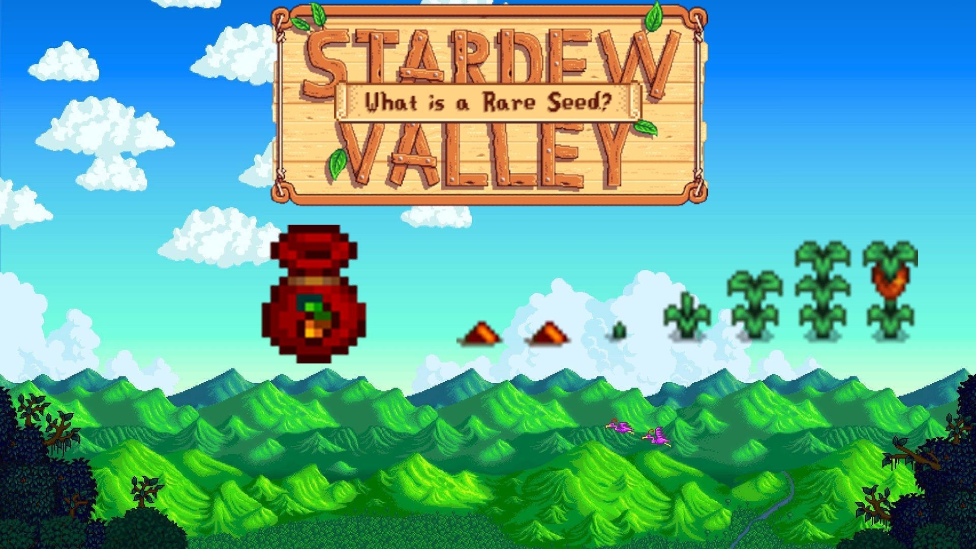 The default Stardew Valley background with the sprites for a Rare Seed and its growth stages.