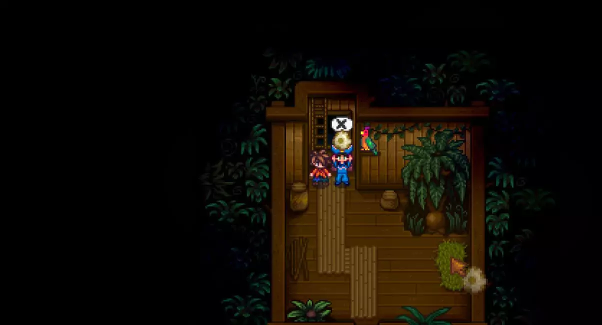 A player about to gift a Dinosaur Egg to Leo on Ginger Island.