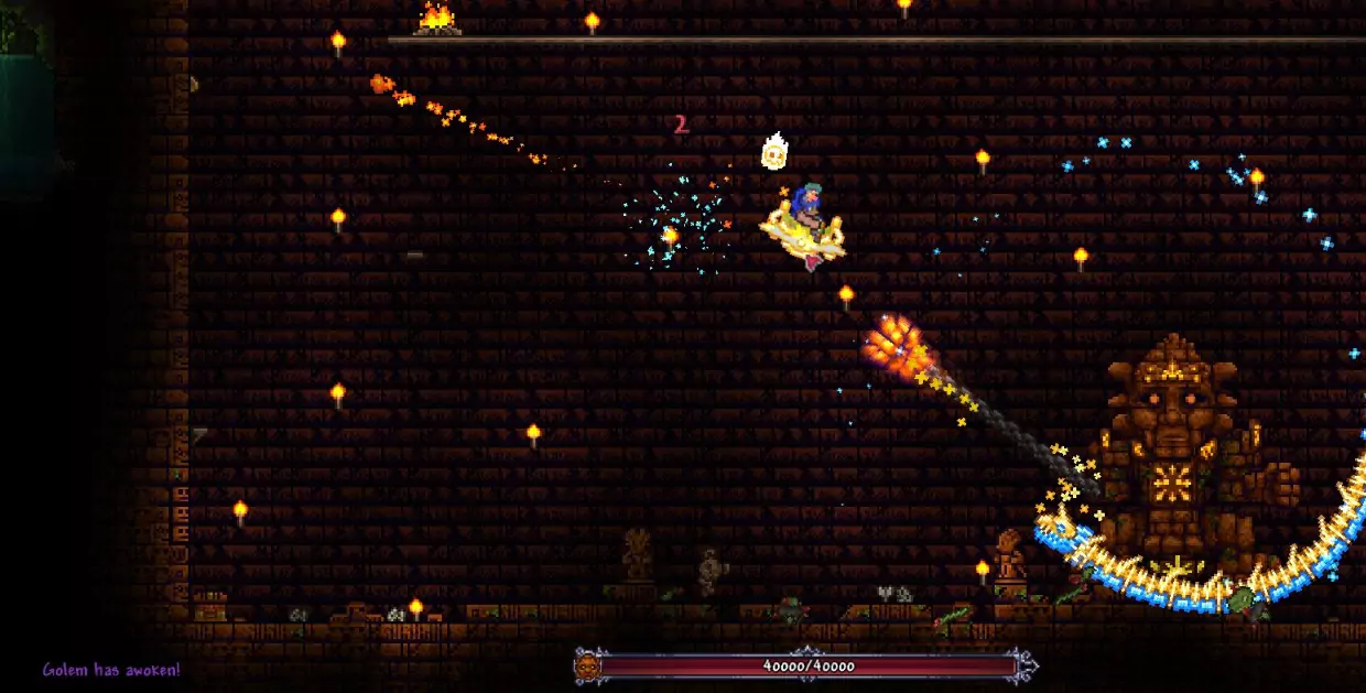 A player fighting Golem in Terraria. 