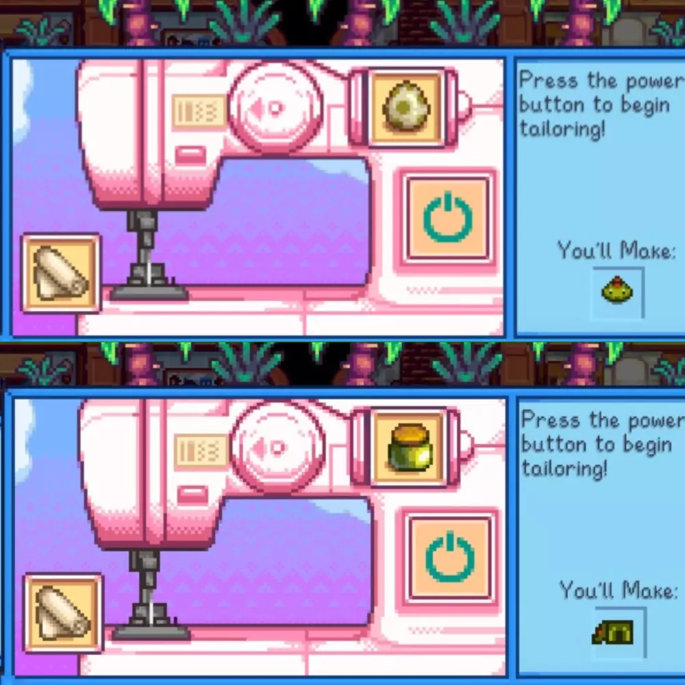 The tailoring menu at the sewing machine to create the Dinosaur Hat and Dinosaur Pants.