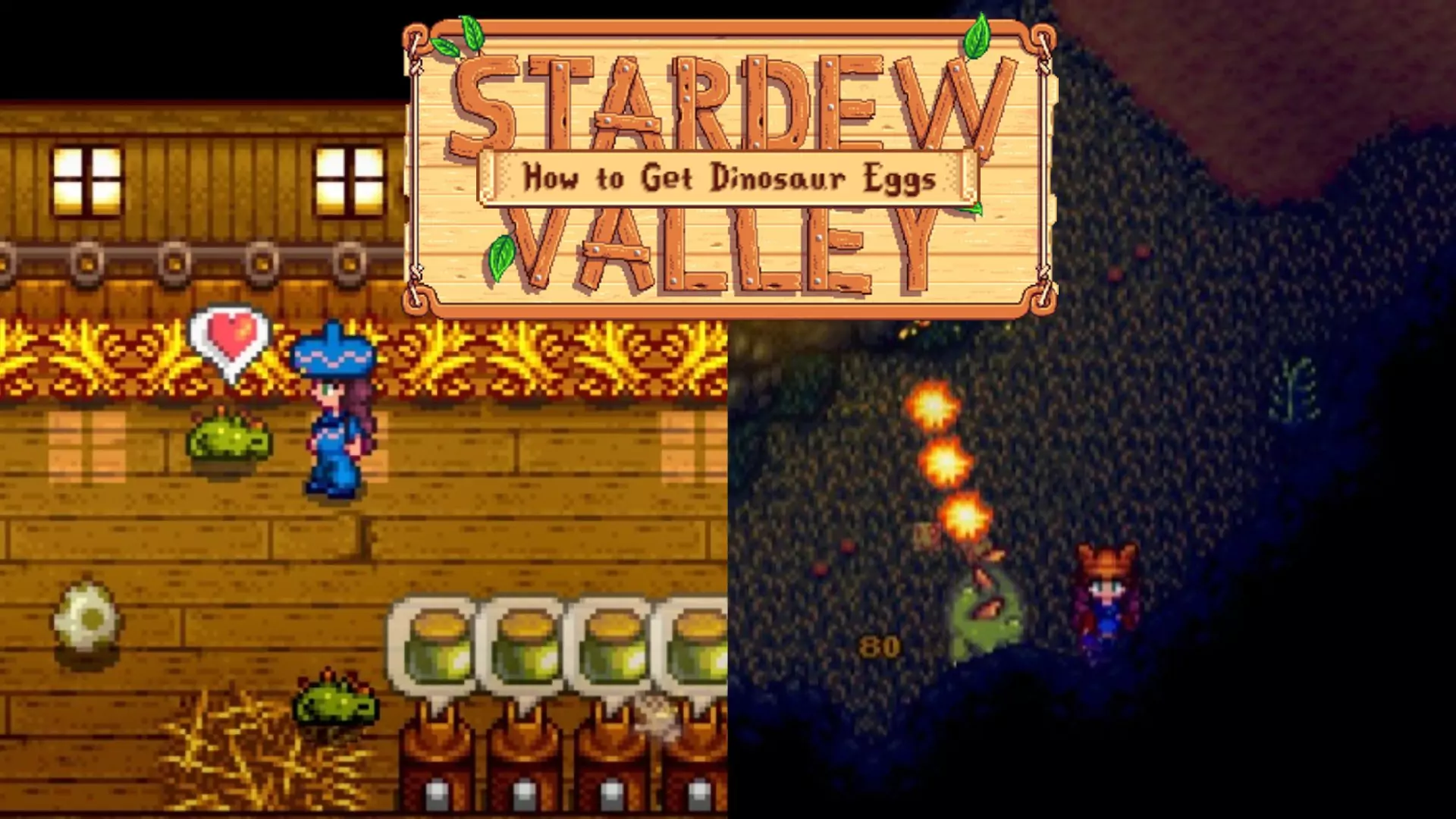 To the left is a player petting a Dinosaur in a Coop. To the right is a hostile Pepper Rex on a Prehistoric Floor.