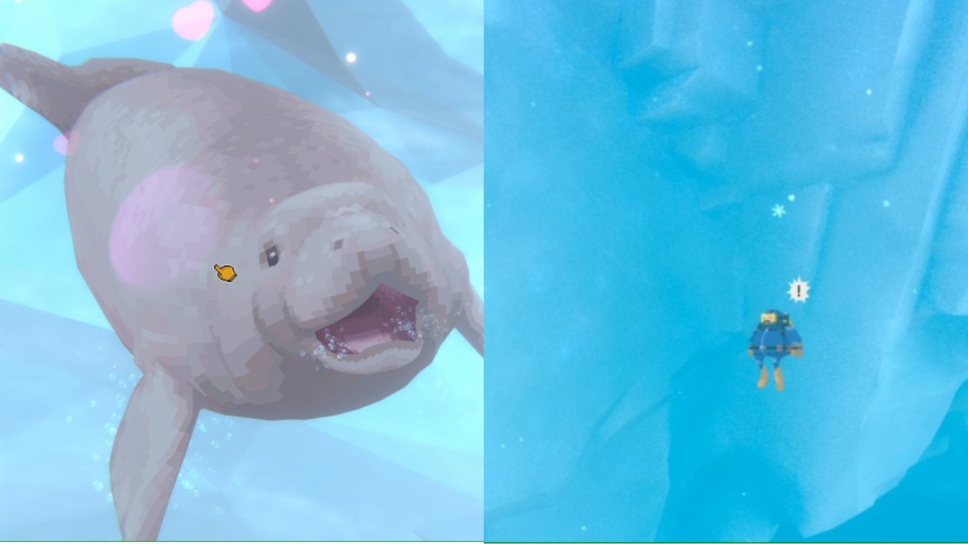 To the left is the Baby Manatee petting minigame, to the right is Dave in the Glacial Area.