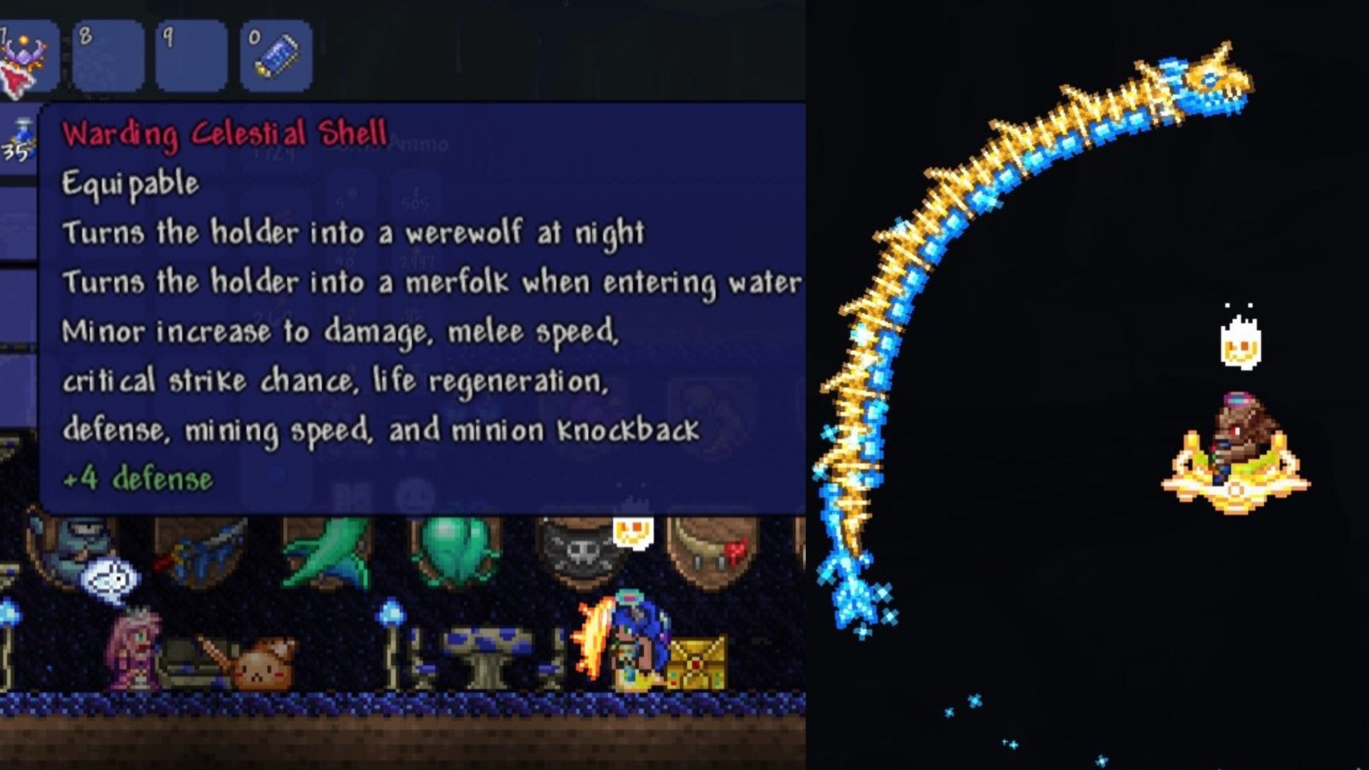 To the left is the tooltip for the Celestial Shell. To the right is a player at night in werewolf form.