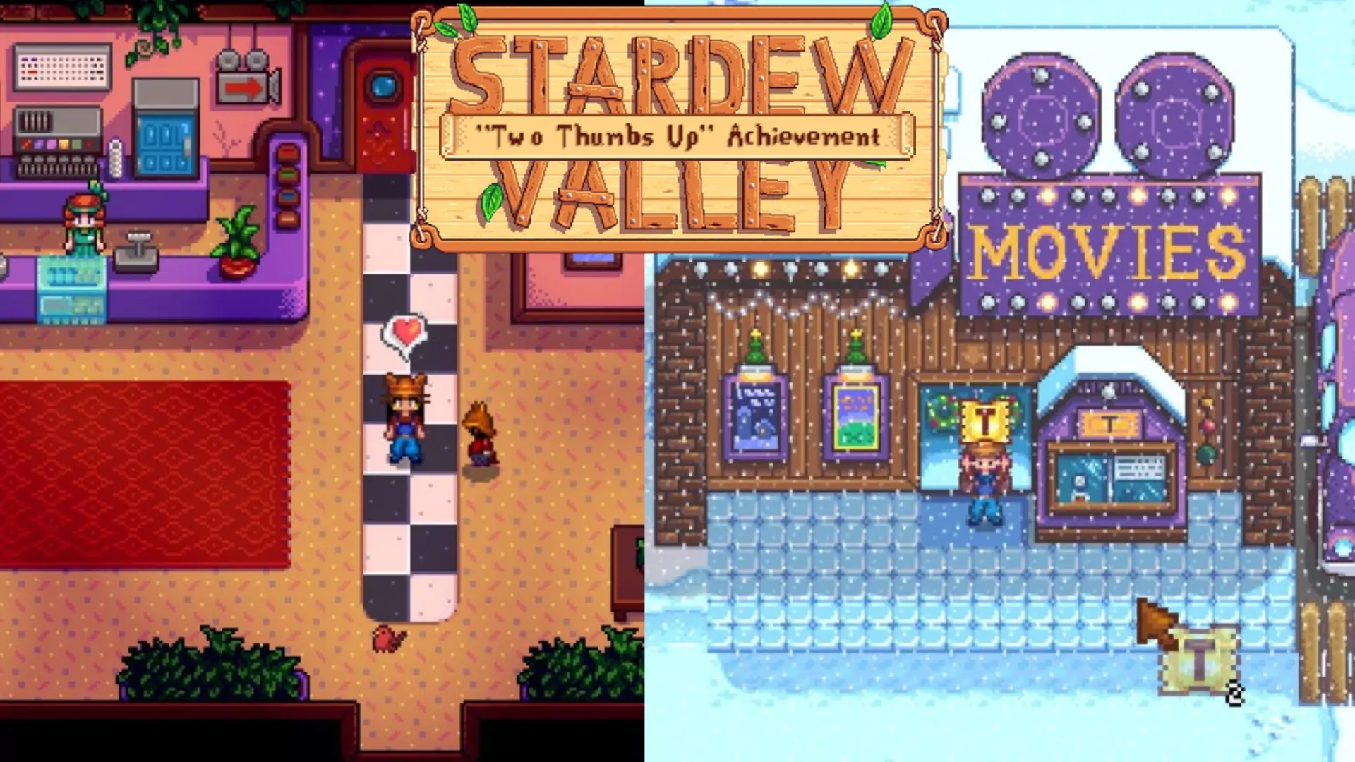 To the left is a player inside the Movie Theater with the Dwarf. To the right is a player stood outside the Movie Theater holding a Movie Ticket.