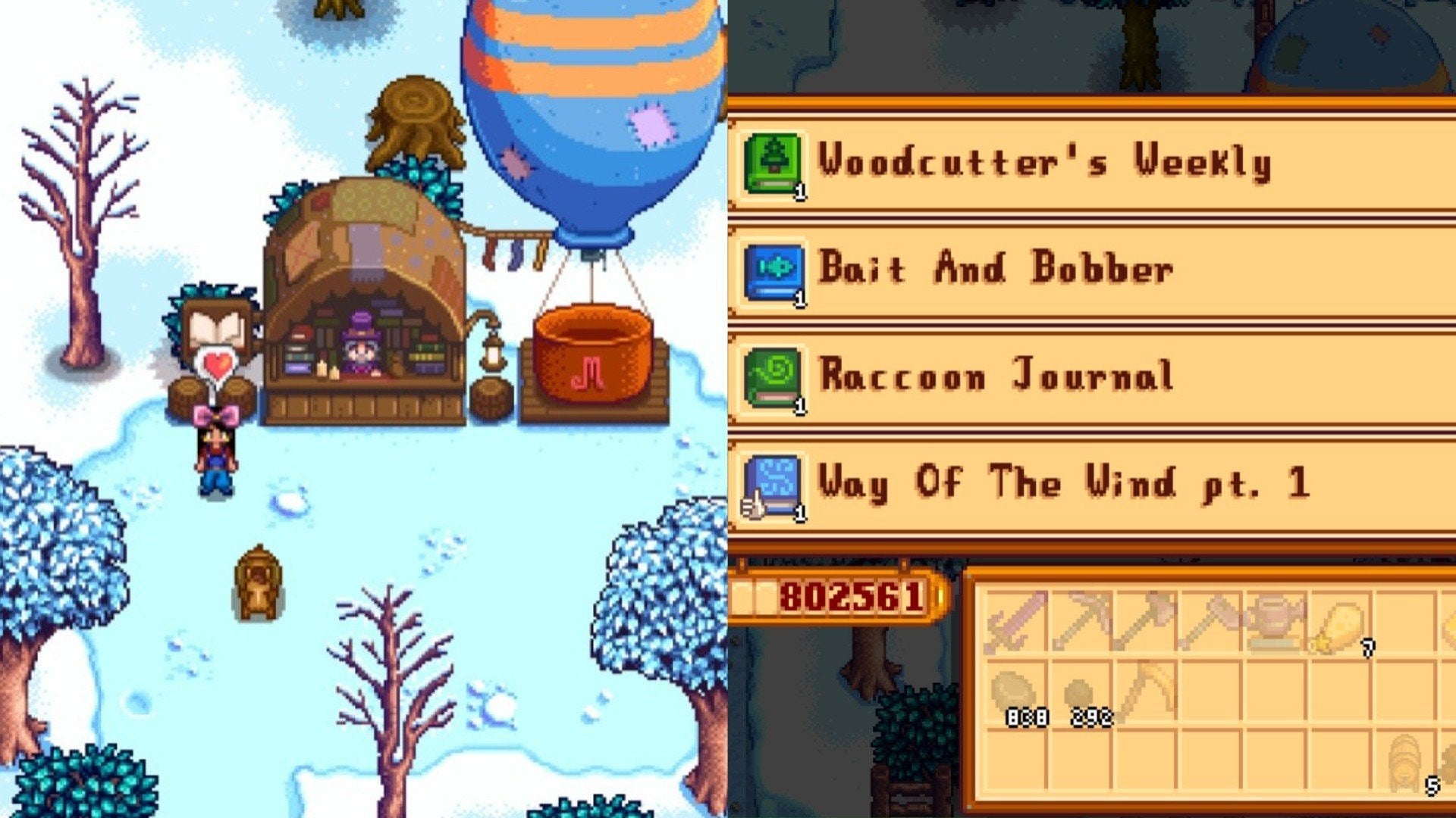 A player looking at the Bookseller's inventory in Stardew Valley.