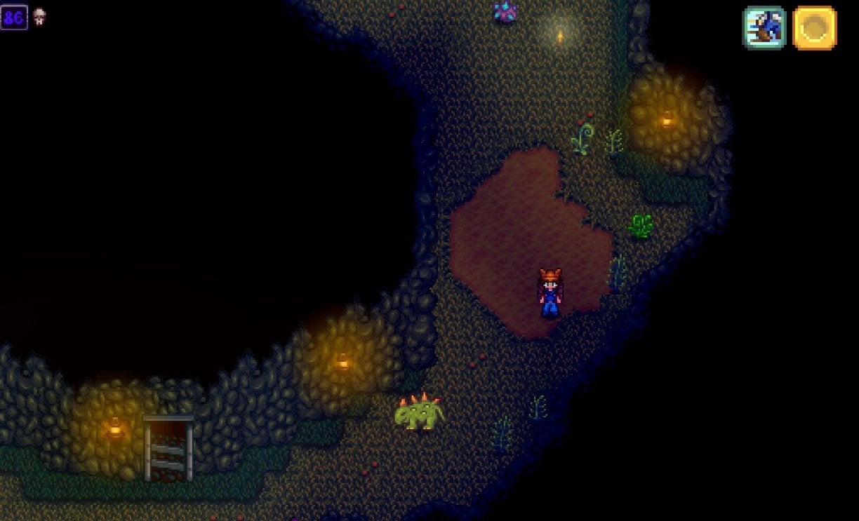 A Pepper Rex on a Prehistoric Floor of a the Skull Cavern in Stardew Valley.