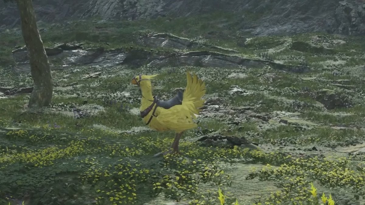 Cloud catching the Grasslands Chocobo mount in FF7 Rebirth. 