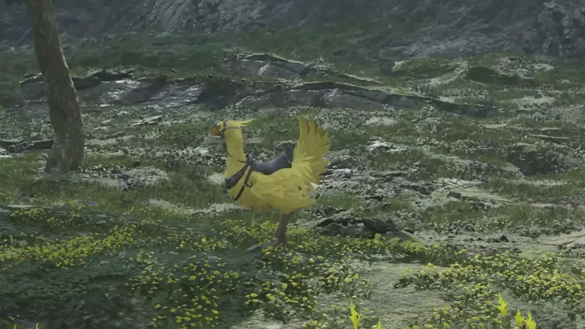 Cloud catching the Grasslands Chocobo mount in FF7 Rebirth.