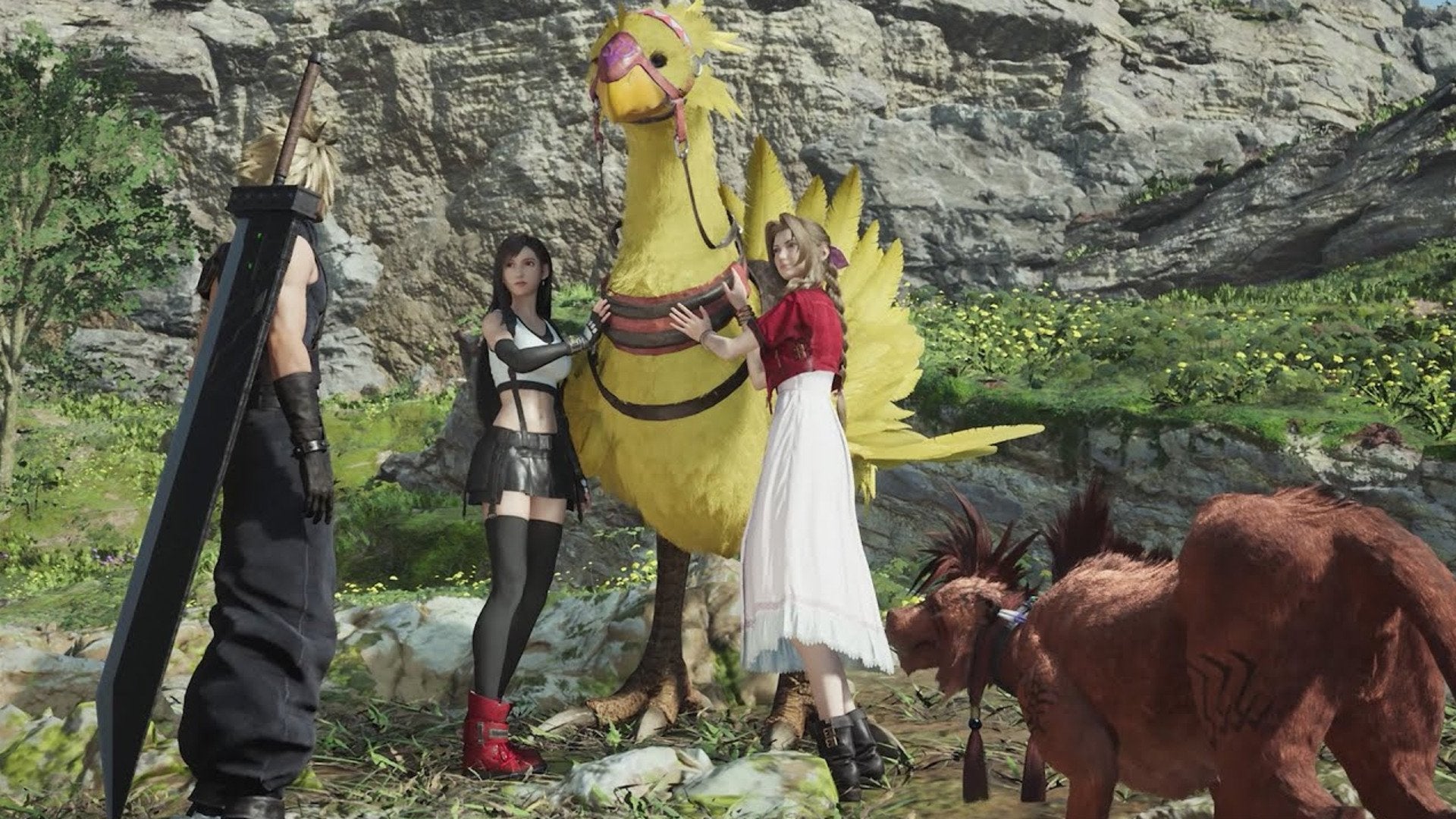 Cloud, Aerith, Tifa, and Red XIII with a Chocobo in Final Fantasy VII Rebirth.