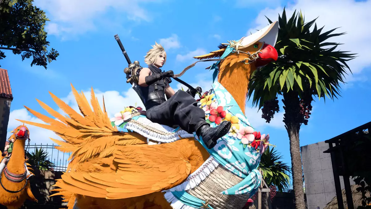 Cloud catching the Corel Chocobo mount in FF7 Rebirth.