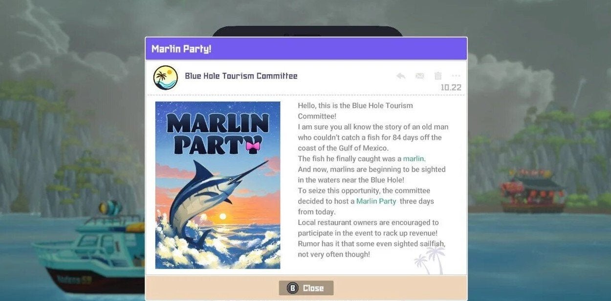 The Marlin Party notification in Dave the Diver. 