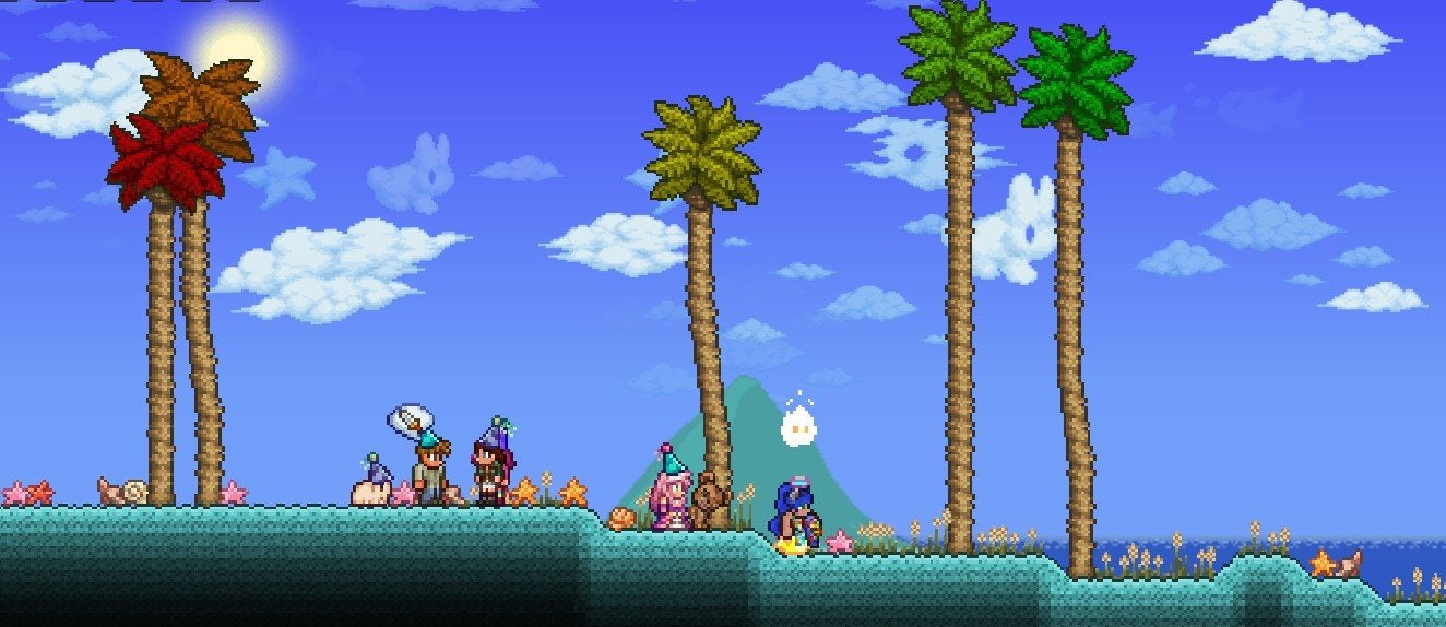 The starting spawn location for the celebrationmk10 seed in Terraria. There are NPCs with party hats nearby.