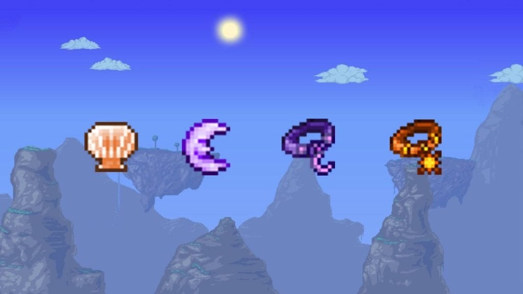 The four ingredients to make the Celestial Shell: Neptune's Shell, Moon Charm, Moon Stone, and Sun Stone. 