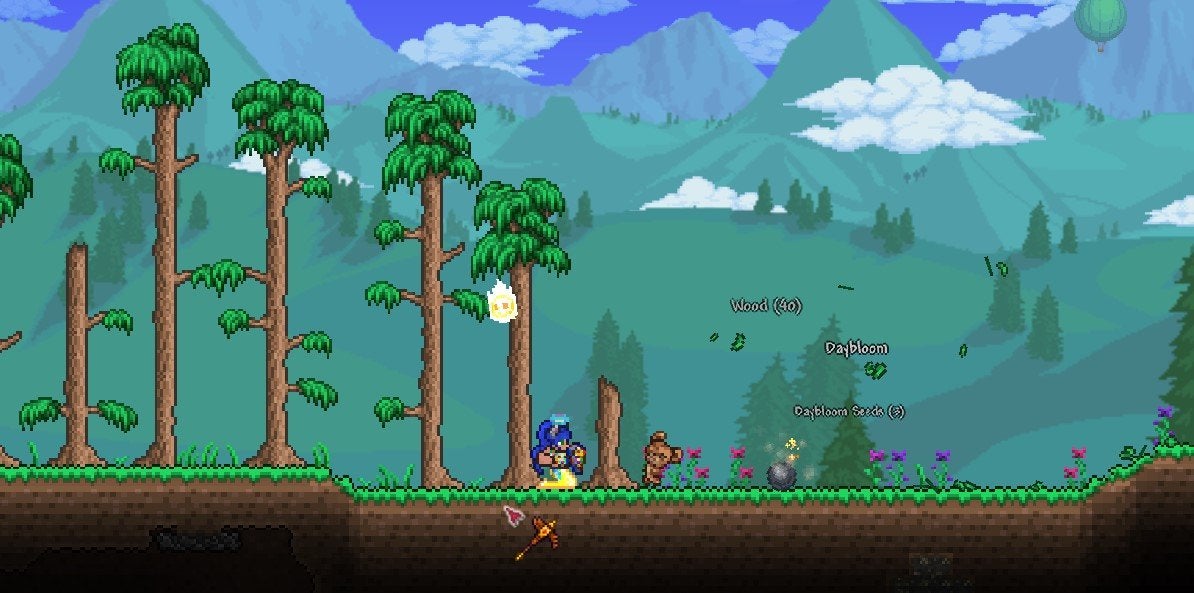 A Tree dropping a bomb after being cut in the "for the worthy" Terraria seed. 