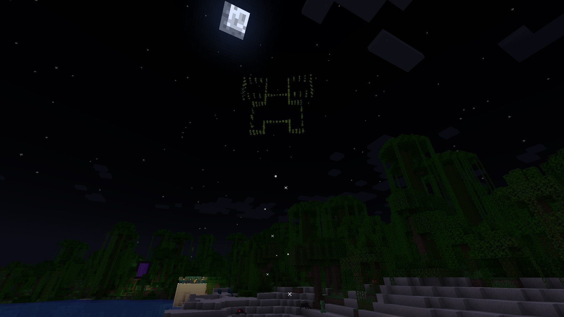 A Firework Star shaped like a Creeper's face exploding at night.