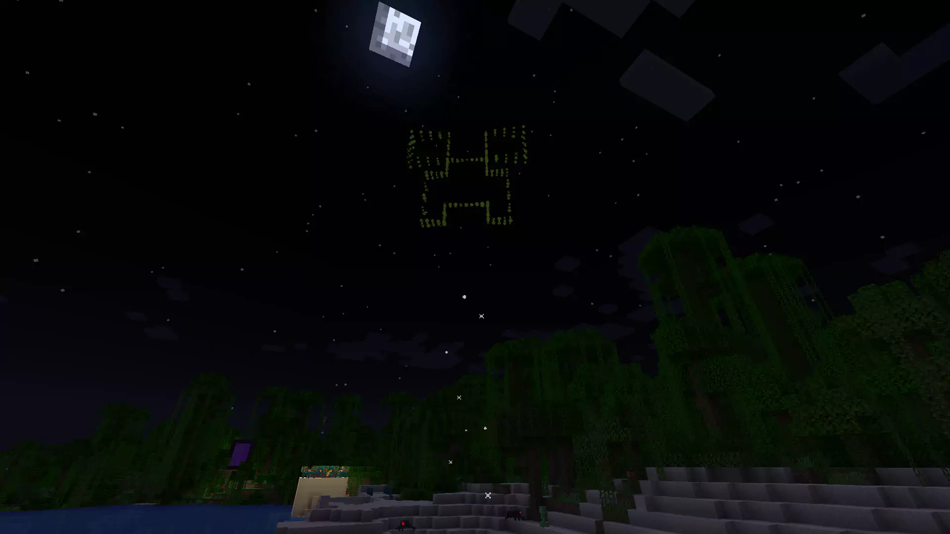 A Firework Star shaped like a Creeper's face exploding at night.