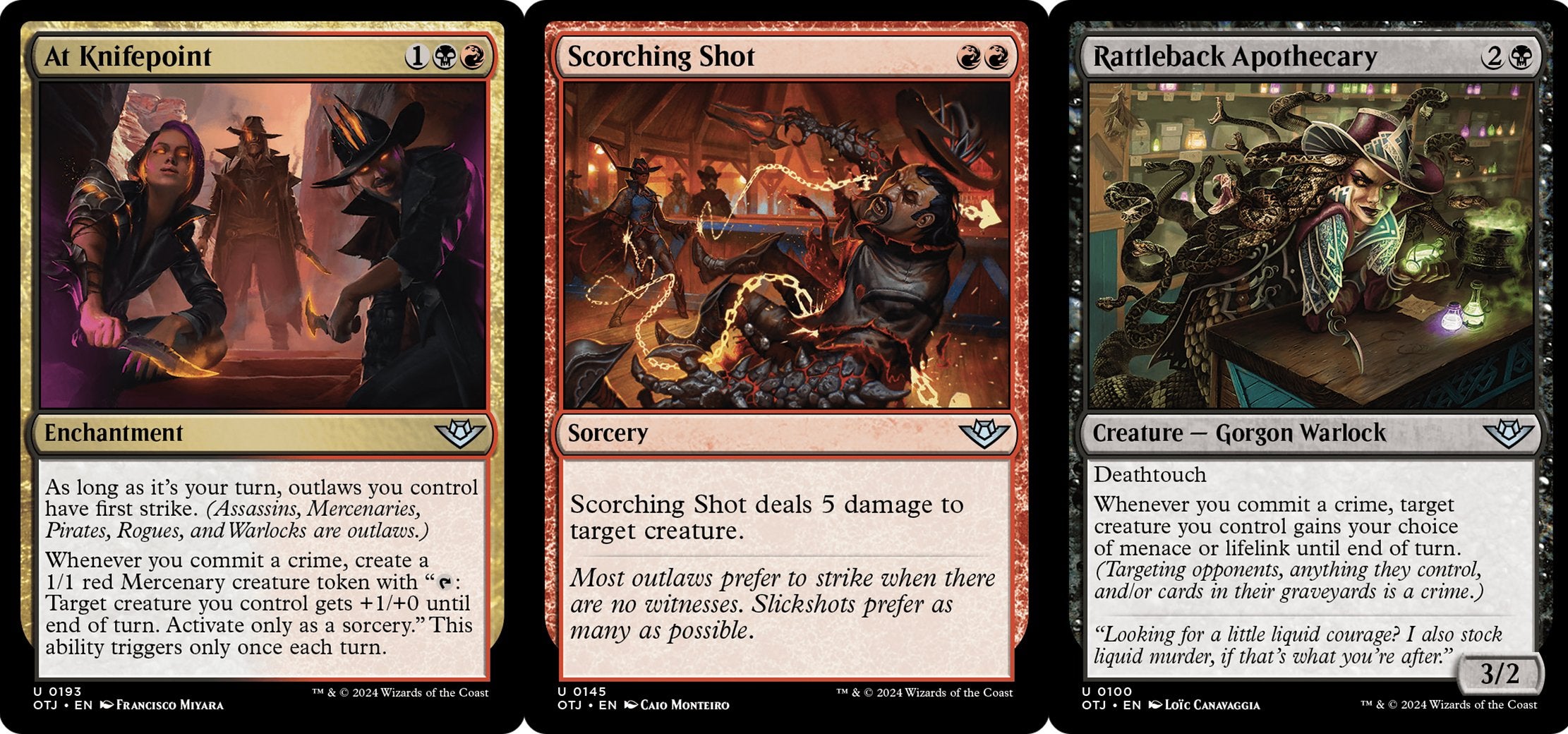 The cards At Knifepoint, Scorching Shot, and Rattleback Apothecary in MTG—two have effects that trigger from committing a Crime.