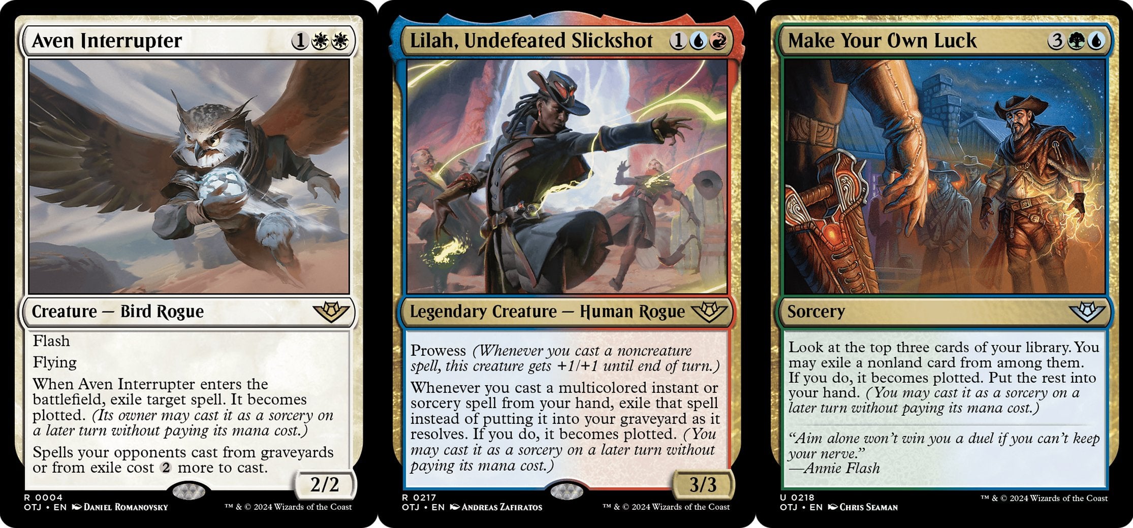 The Aven Interrupter; Lilah, Undefeated Slickshot, and Make Your Own Luck cards from MTG.