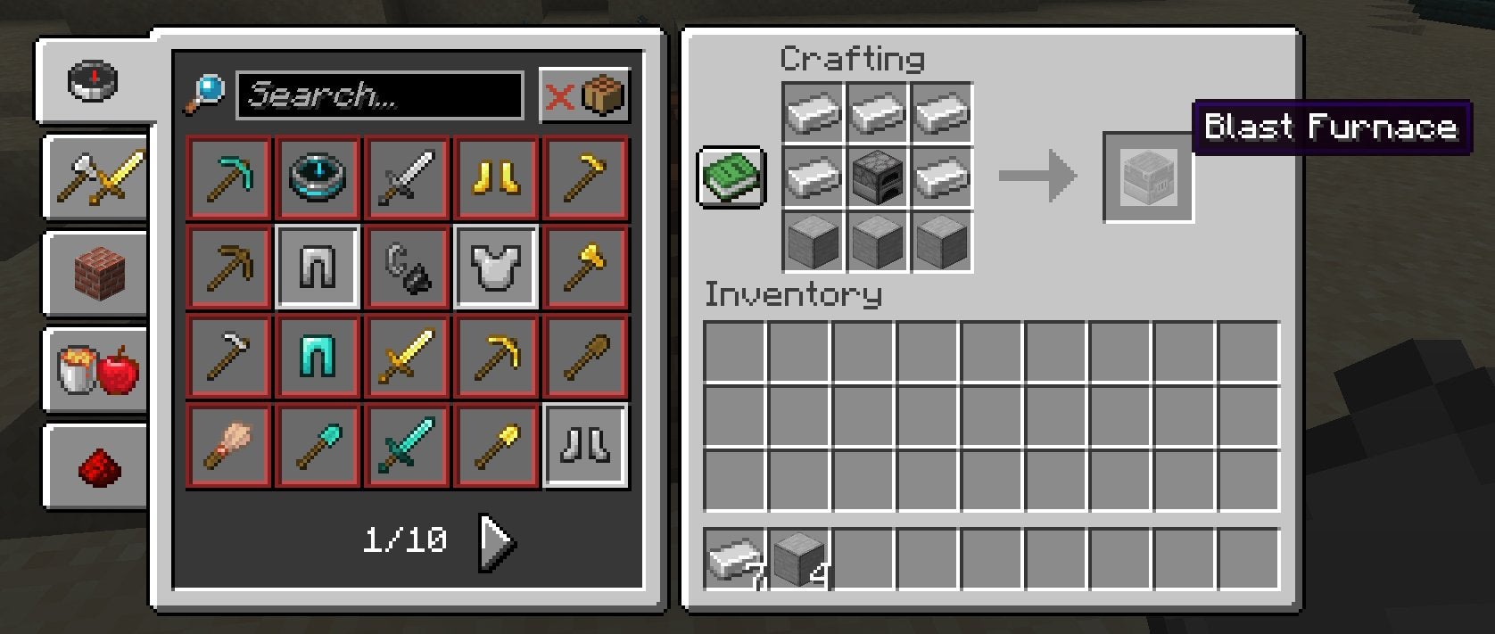 The crafting recipe for a Blast Furnace in Minecraft.