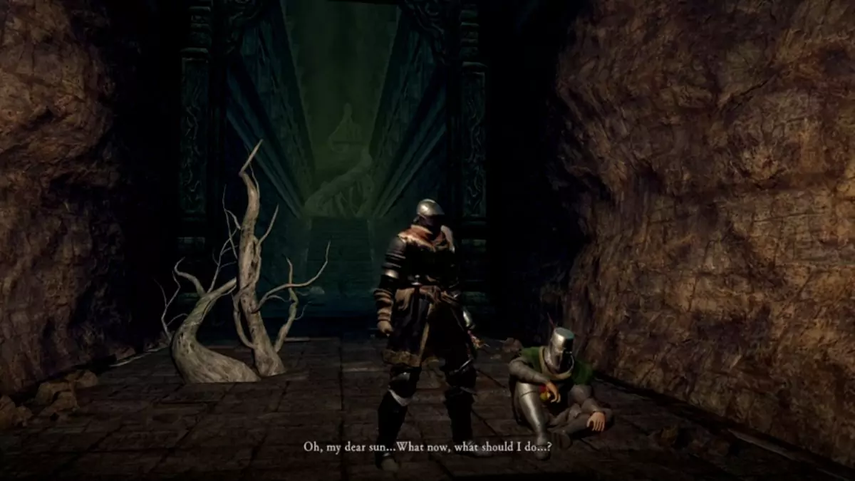 The Chosen Undead speaking to a sitting Solaire in the Demon Ruins of Dark Souls.
