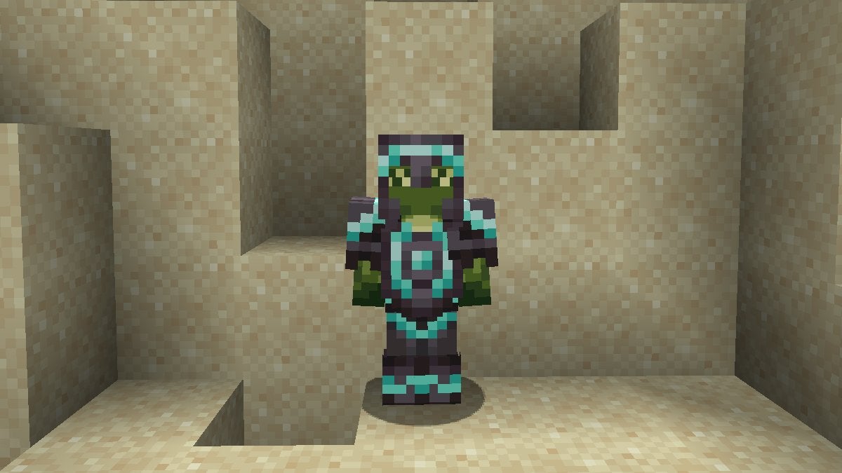 A player wearing Netherite Armor that has Diamond Dune Armor Trim, which is made from the Dune Armor Trim Smithing Template in Minecraft.