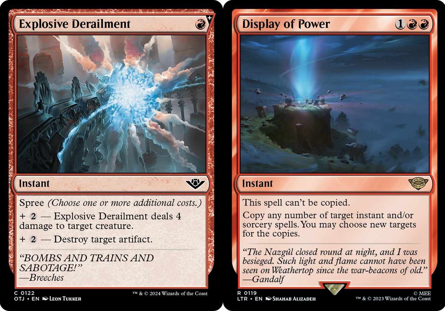The Explosive Derailment and Display of Power red Instant cards from MTG.