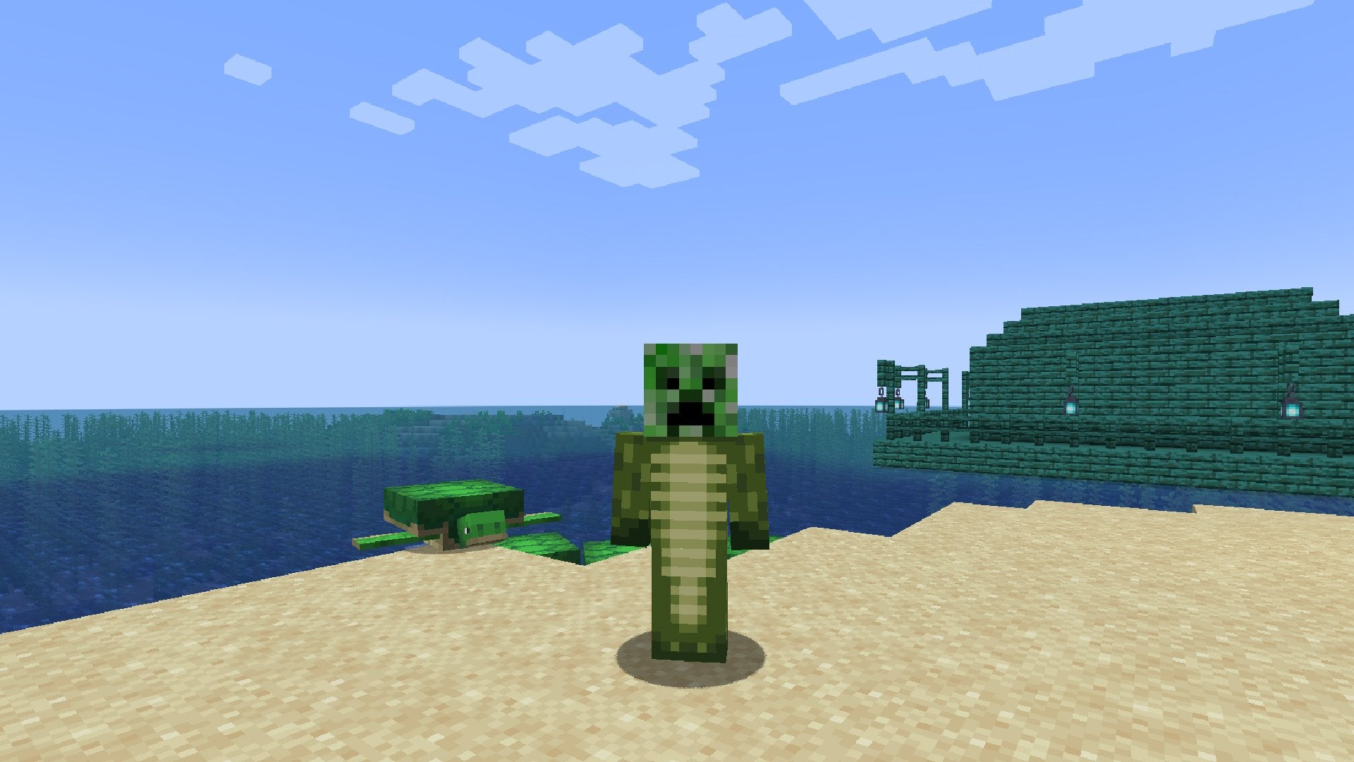 A player wearing a Creeper Head in Minecraft.