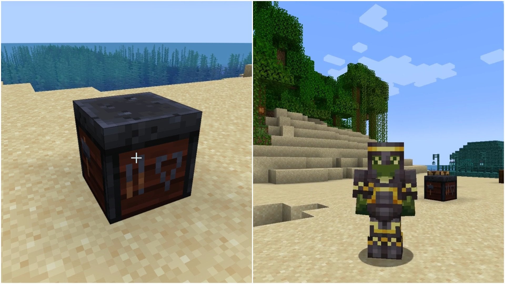 On the left is a Smithing Table on a beach and on the right is a player wearing Netherite Armor trimmed with Gold.