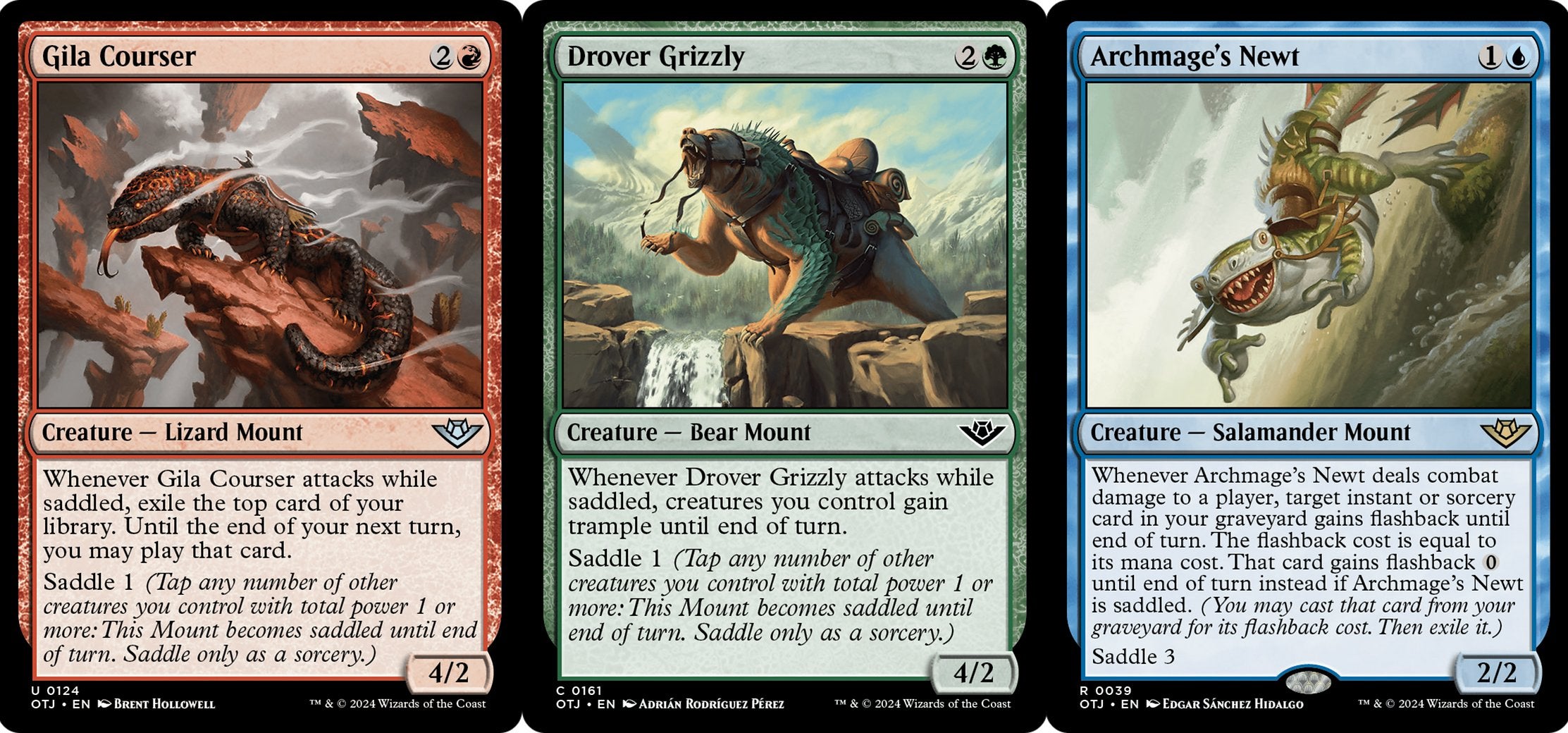 The Gila Courser, Drover Grizzly, and Archmage's Newt cards in MTG.