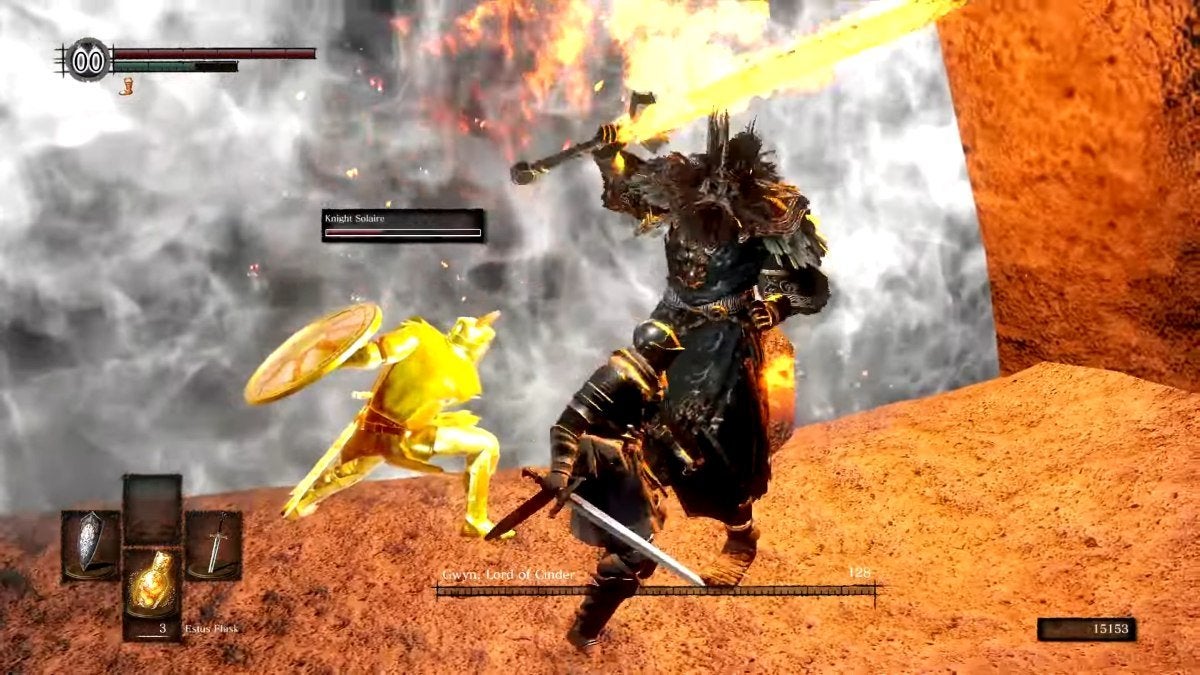 The Chosen Undead and Solaire fighting Gwyn, the final boss of Dark Souls.