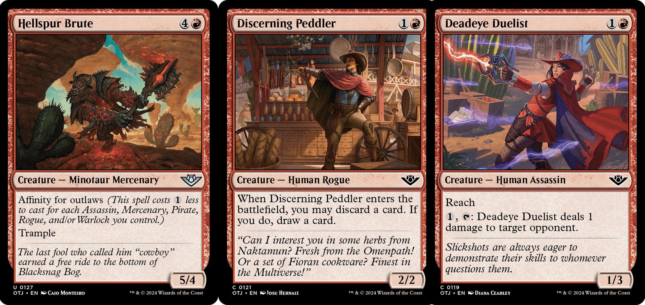 Hellspur Brute, Discerning Peddler, and Deadeye Duelist from MTG. All are Outlaw cards.