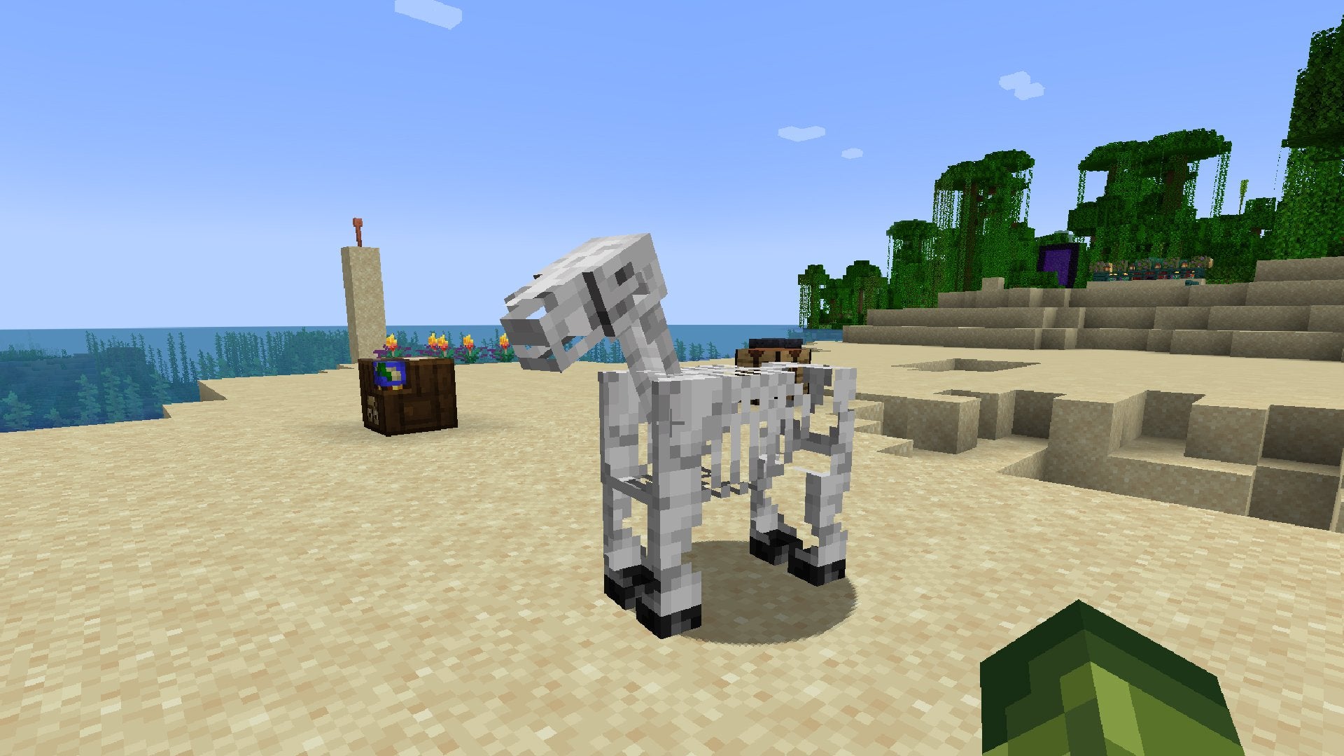 A Skeleton Horse in Minecraft standing on the beach.