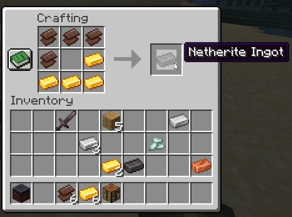 Crafting a Netherite Ingot with four Netherite Scraps and four Gold Ingots on a Crafting Table.