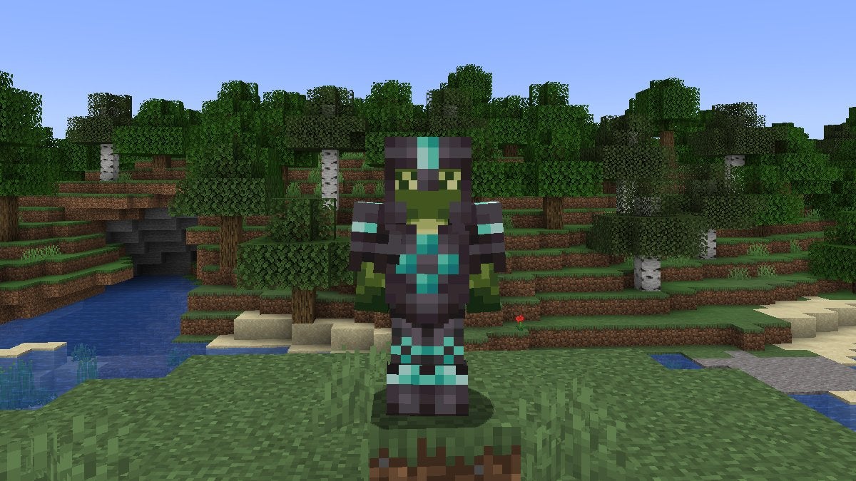 A player wearing Netherite Armor that has Diamond Sentry Armor Trim, which is obtained by using the Sentry Armor Trim Smithing Template in Minecraft.