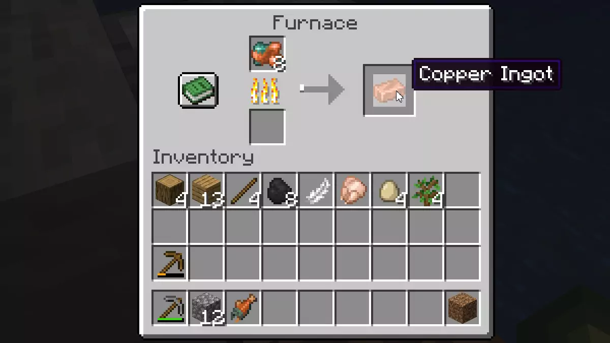 A player smelting Raw Copper into Copper Ingots in a Furnace.