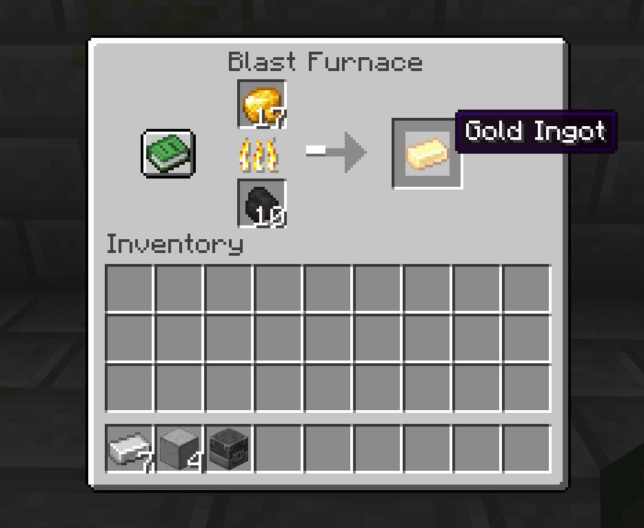 Smelting Raw Gold into Gold Ingots with a Blast Furnace.