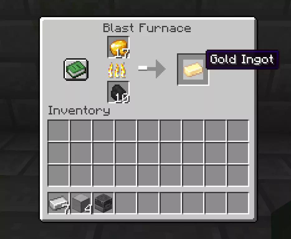 Smelting Raw Gold into Gold Ingots with a Blast Furnace.