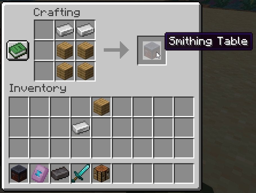 The crafting recipe for a Smithing Table in Minecraft.