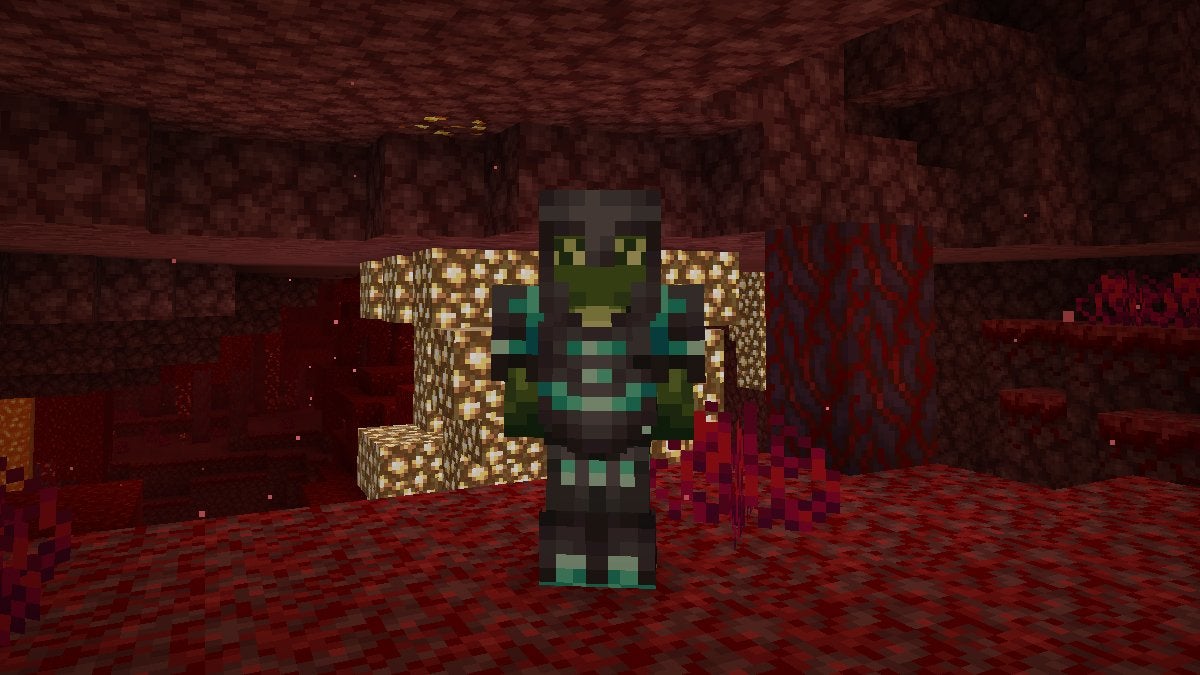 A player in the Nether wearing Netherite Armor that has Diamond Snout Armor Trim, which is made from the Snout Armor Trim Smithing Template in Minecraft.