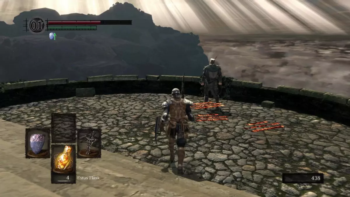 The Chosen Undead approaching Solaire in Undead Burg.