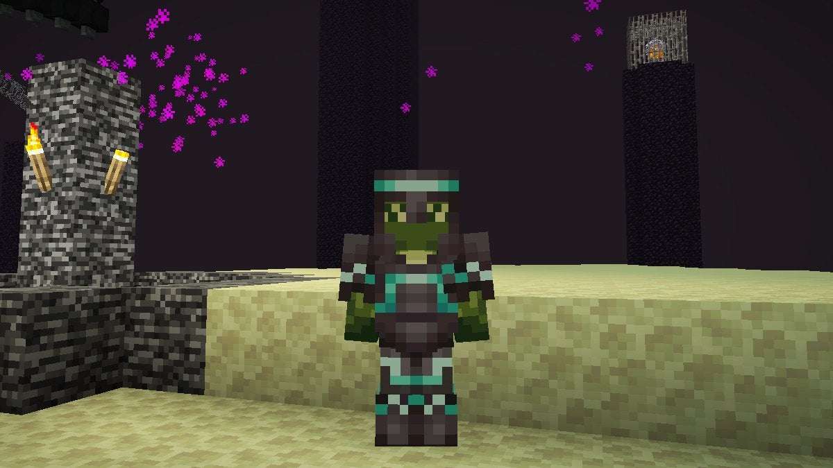 A player wearing Netherite Armor that has Diamond Spire Armor Trim.
