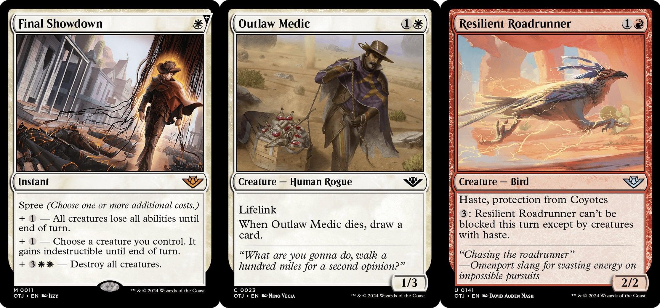 The Final Showdown, Outlaw Medic, and Resilient Roadrunner cards in MTG.