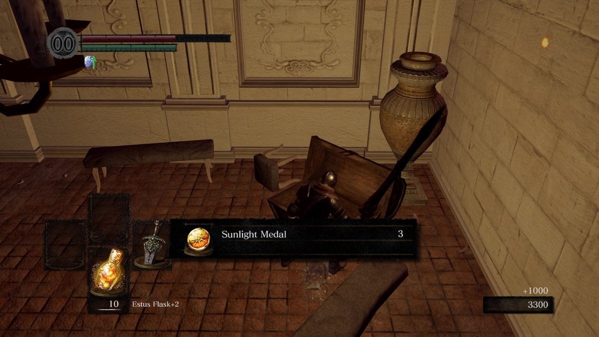 The Chosen Undead looting a chest in Anor Londo for Sunlight Medals in Dark Souls.