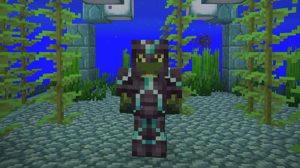 A player wearing Netherite Armor that has Diamond Tide Armor Trim.