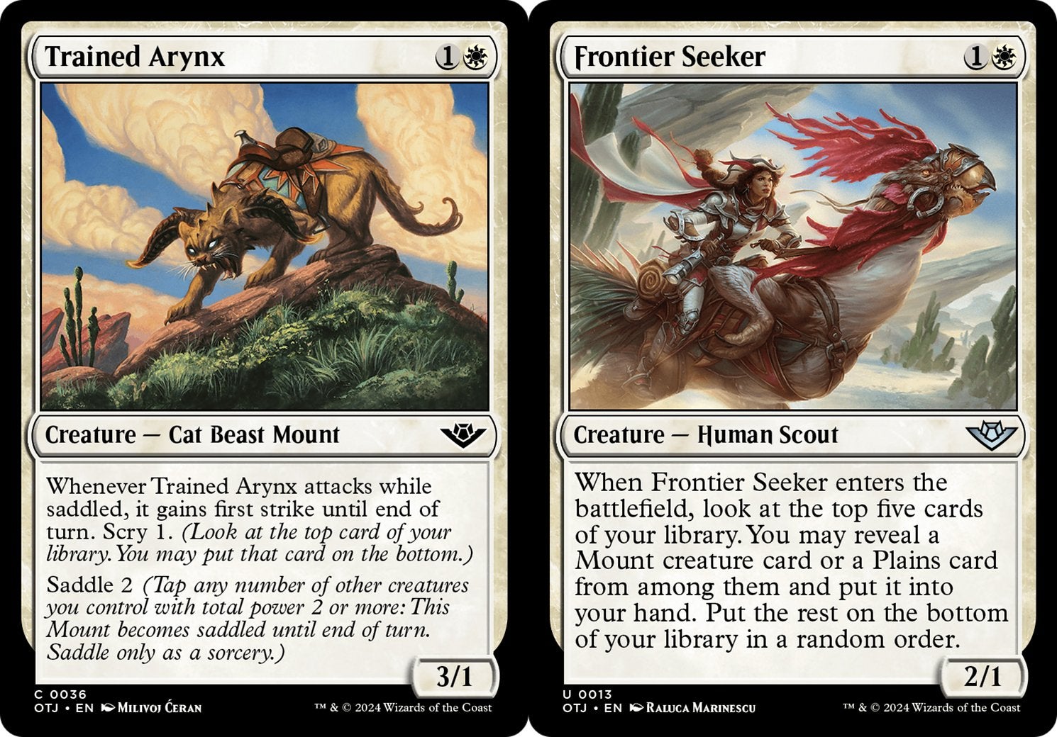 Trained Arynx, a mount with the Saddle ability, and Frontier Seeker from MTG.