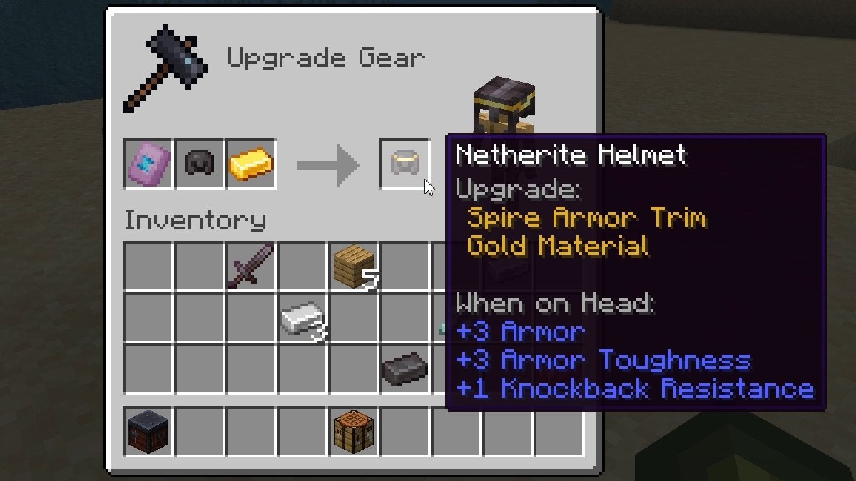 A player putting Gold trim on a Netherite Helmet by using a Smithing Table.
